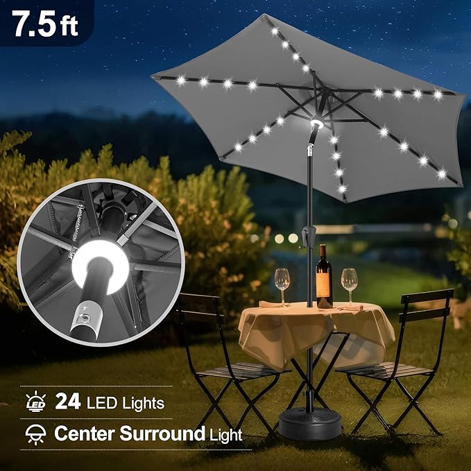 FLAME&SHADE 7.5 FT Solar Light Patio Umbrella, 24 LED Lights Outdoor Umbrella with Centre Surround Light, Table Umbrella Outdoor Patio for Deck, Pool, Backyard, Garden, UV Protection (Anthracite)