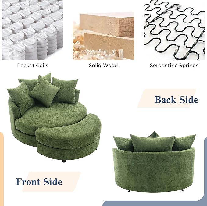 ERYE Oversized Round Accent Barrel Chair with Storage Ottoman and 360 Swivel Base, Modern Chenille Upholstered Leisure Recliner Armchair for Living Room Bedroom