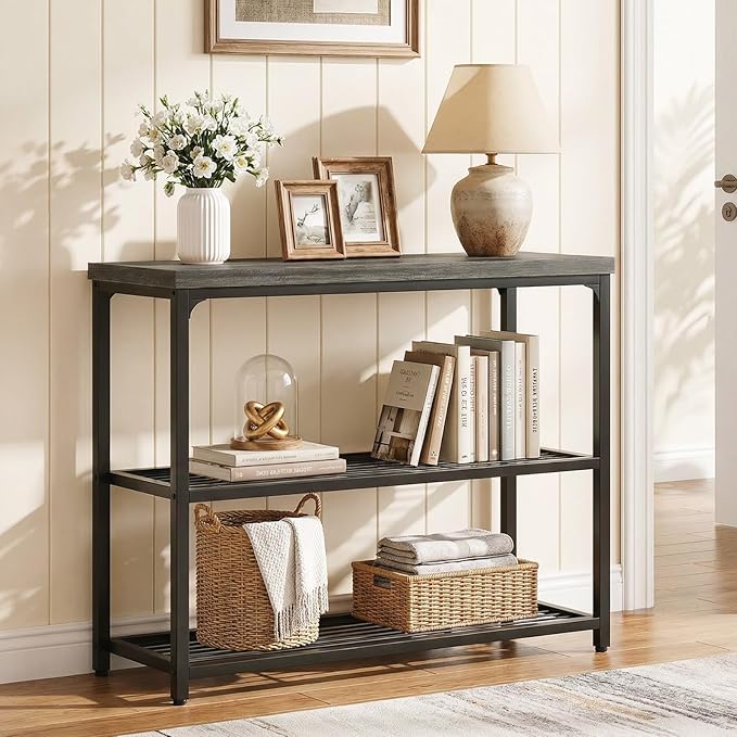 32" Small Console Table with Storage, 3-Tier Narrow Entryway Table, Sturdy Sofa Table with Mesh Shelves, Console Tables for Living Room, Bedroom, Hallway, Entryway, Foyer, Oak Grey