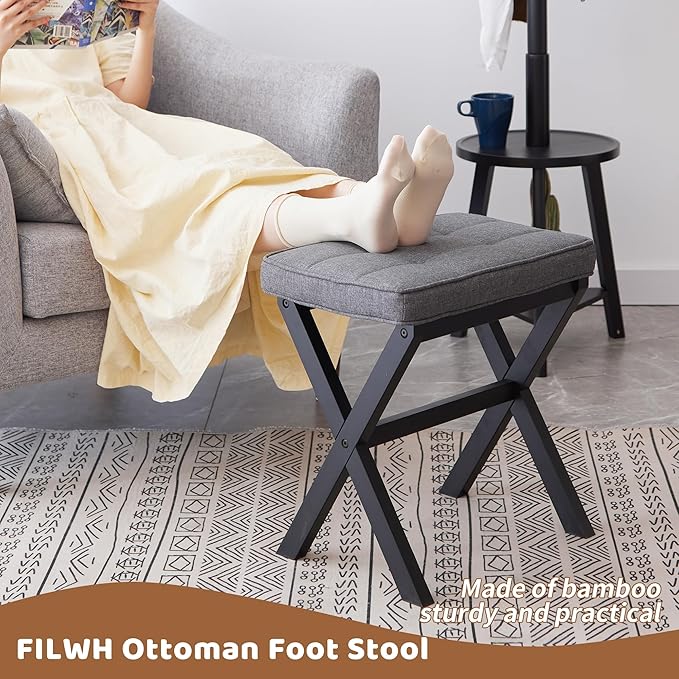 FILWH Foot Stool Small Ottoman Foot Rest Padded Foot Stool Desk for Under Office Desk Vanity Stool Bamboo Footstool Sofa Footrest Shoe Stool Small Foot Stools (Black Legs + Gray)