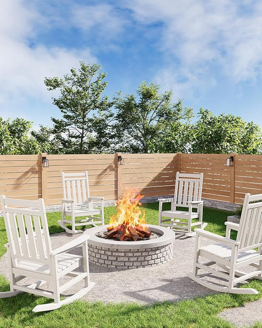 GarveeLife Poly Lumber Rocking Chair Outdoor Set of 4 - HDPE High Back Porch Rocker Chairs for Adults - All Weather Resistant Furniture for Patio - White