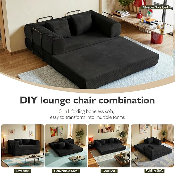 59in Convertible Sofa Bed, Corduroy Boneless Couch Bed, Futon Sleeper Sofa Pull Out Bed, Foldable Couch for Living Room Apartment, No Assembly Required