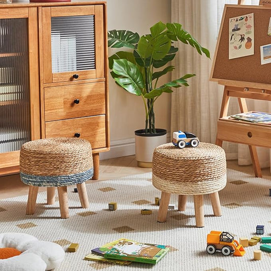 YMYNY Foot Stool Natural Seagrass Hand Weave, 12.6" Small Ottoman, Round Footrest for Living Room, Bedroom, Entryway, Change Shoes Stool, Non-Skid Wood Legs, Boho, Natural+White, UHBD027W