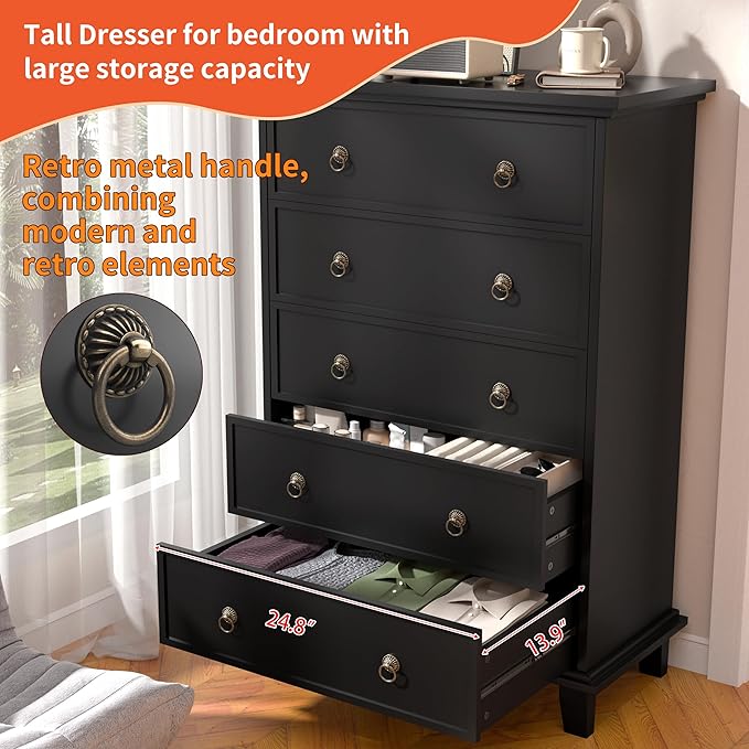 Black Dresser for Bedroom,Tall Dresser with Silent Drawer Slide,Wooden Chest of Drawers 5 Drawers,Storage Tower for Bedroom,Hallway, Entryway
