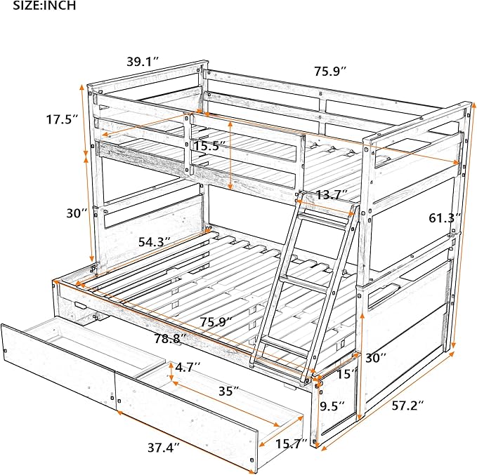 Twin Over Full Bunk Beds with 2 Under Bed Storage Drawers, Stronger & More Stable Bunkbed, Espresso