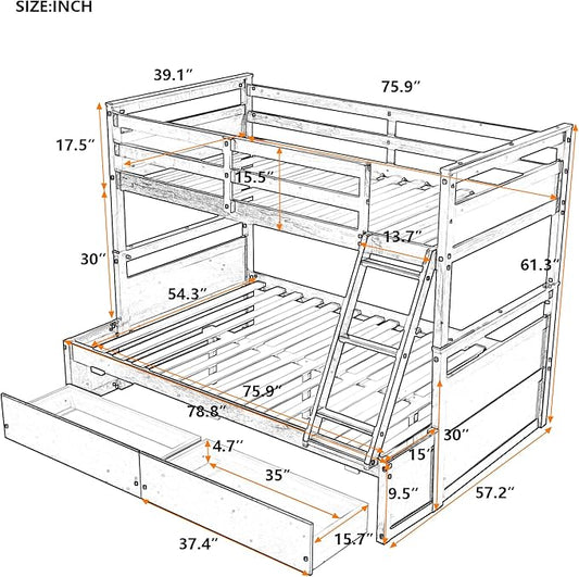 Twin Over Full Bunk Beds with 2 Under Bed Storage Drawers, Stronger & More Stable Bunkbed, Espresso