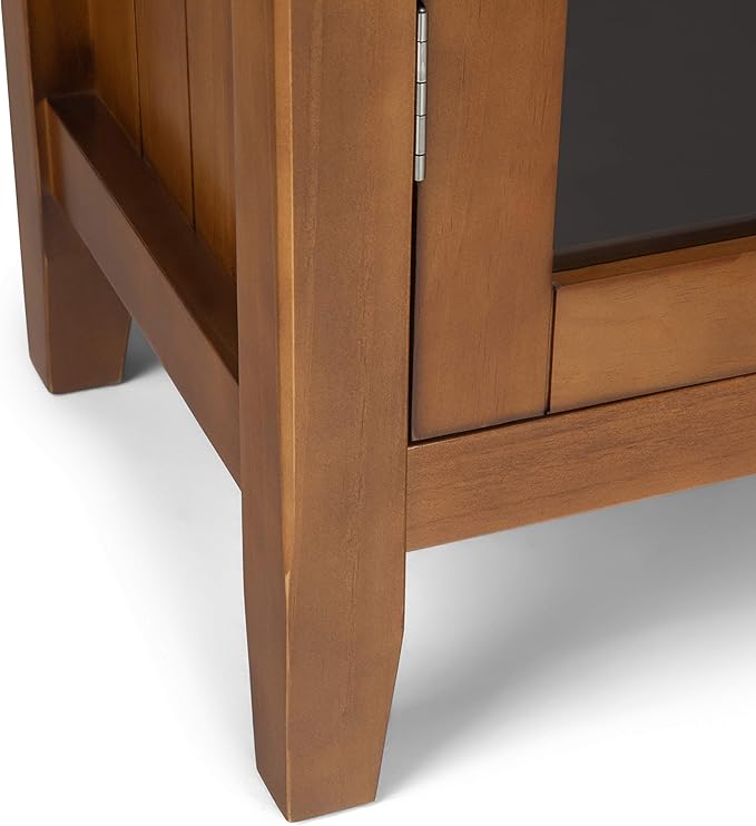 SIMPLIHOME Acadian Storage Cabinet - 39 inch Wide Solid Wood 4-Shelf Display Cabinet in Light Golden Brown, Transitional Cupboard for Living Room or Dining Room with Glass Doors and Adjustable Shelves