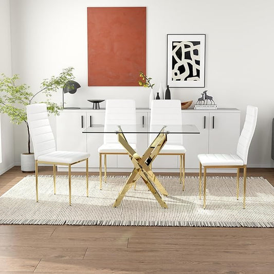 Tempered Glass Dining Table with Chromed Legs, 47" Modern Rectangular Kitchen Table for Dining Room Kitchen,Gold