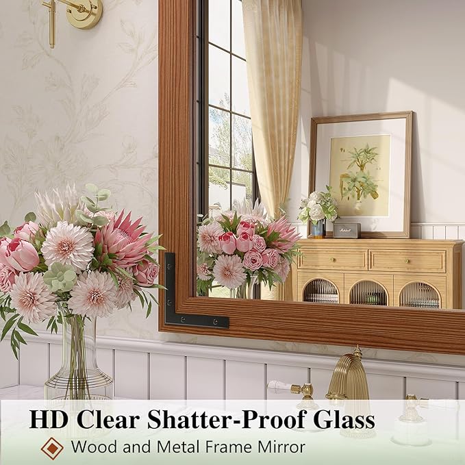 Farmhouse Mirror for Wall, 22x30 Inch Brown Wood Framed Rectangle Bathroom Vanity Mirror, Barn Door Style Mirrors Decor Mirror for Living Room Bedroom Entryway