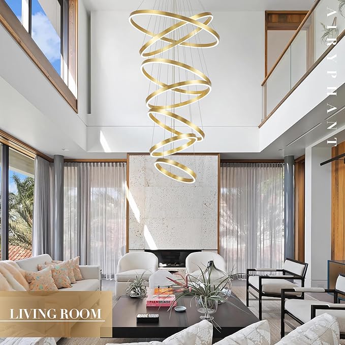 High Ceiling Brushed Gold Ring Chandeliers 7-Ring LED Chandelier Dimmable Modern LED Chandeliers 31" Large Foyer Chandelier Entryway Living Room Staircase, 3000K-6500K