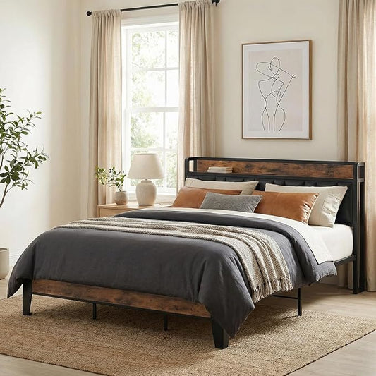 LIKIMIO California King Bed Frame, Storage Headboard with Charging Station, Solid and Stable, Noise Free, No Box Spring Needed, Easy Assembly (Vintage and Black)