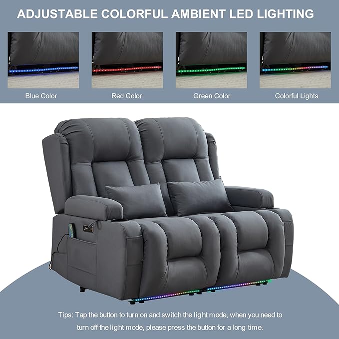 TUNYI Wall Hugger Loveseat Recliner Sofa with Console, Power Reclining Loveseat RV Couch with Massage & Heat/USB/Outlet/Storage/LED Light/Speaker (Blue, Loveseat)