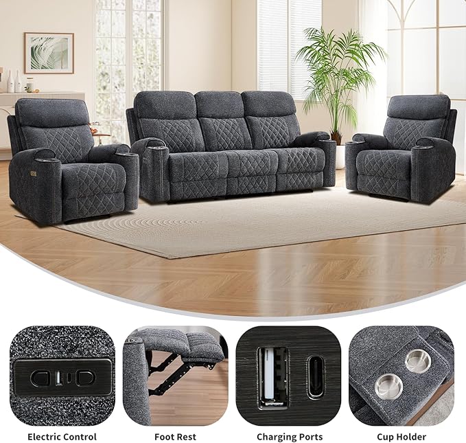 EBELLO Power Reclining Sofa Set, 2 Fabric Electric Recliner Chair and 3 Seater Sofa Couch with Cup Holders, USB Type-C Charging Ports, 5 Seats for Small Living Room, and Meeting Room, Grey