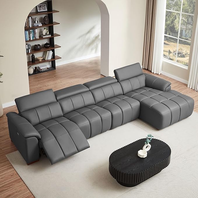 KEIKI 145" L-Shaped Genuine Leather Wall-Hugger Reclining Sofa with Right Chaise, Adjustable Backrest & Footrest, Modern Style Electric Control 4-Seater Couch with USB, for Living Room, Dark Grey