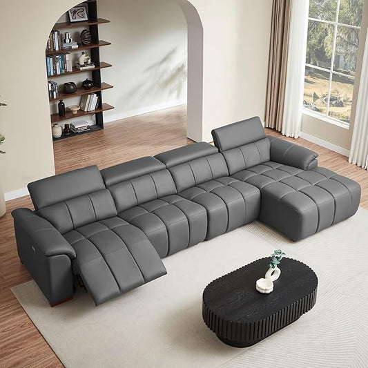 KEIKI 145" L-Shaped Genuine Leather Wall-Hugger Reclining Sofa with Right Chaise, Adjustable Backrest & Footrest, Modern Style Electric Control 4-Seater Couch with USB, for Living Room, Dark Grey