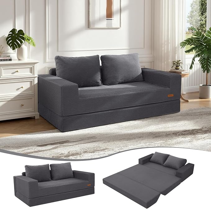 COMAX Futon Sofa Bed, 4‑in‑1 Convertible Sofa Bed, Boneless Couches for Living Room, Fold Out Small Foldable Loveseat Space‑Saving, Grey