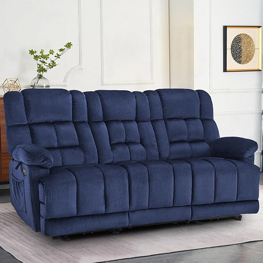 MCombo Zero Gravity Power Recliner Sofa with Drop Down Table, Heat and Vibration Massage, 3 Seater Dual Reclining Couch with USB Ports, Cup Holders for Living Room, Fabric RS6236 (Navy Blue)