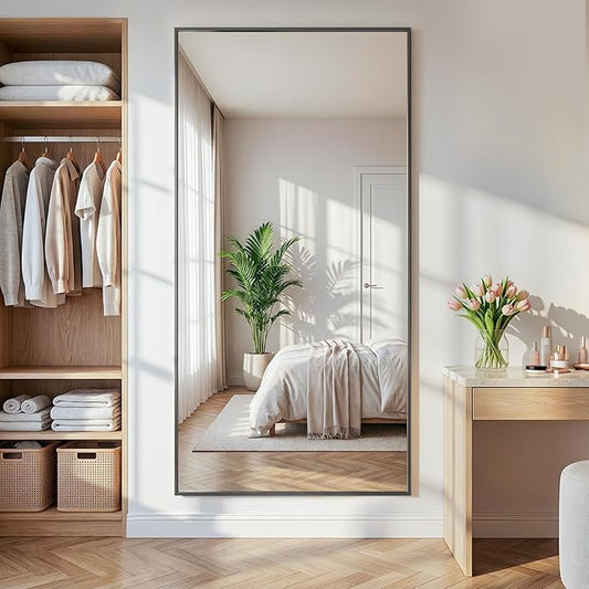Full Length Mirror, 75"x36" Full Body Mirror, Floor Mirrors with Stand, Body Mirrors Standing Hanging Leaning Against Wall,Aluminum Frame Mirrors for Bedroom Cloakroom,Living Room,Black