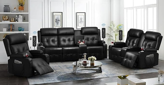 Recliner Sofa, 3 Seater Massage Reclining Loveseat Sofa Sets, 1 Lovseat Reccliner, 2 Single Power Recliner Chairs Heat & Massage, Heavy Weight Capacity, RV Clearance Couch with Console, USB, Type C