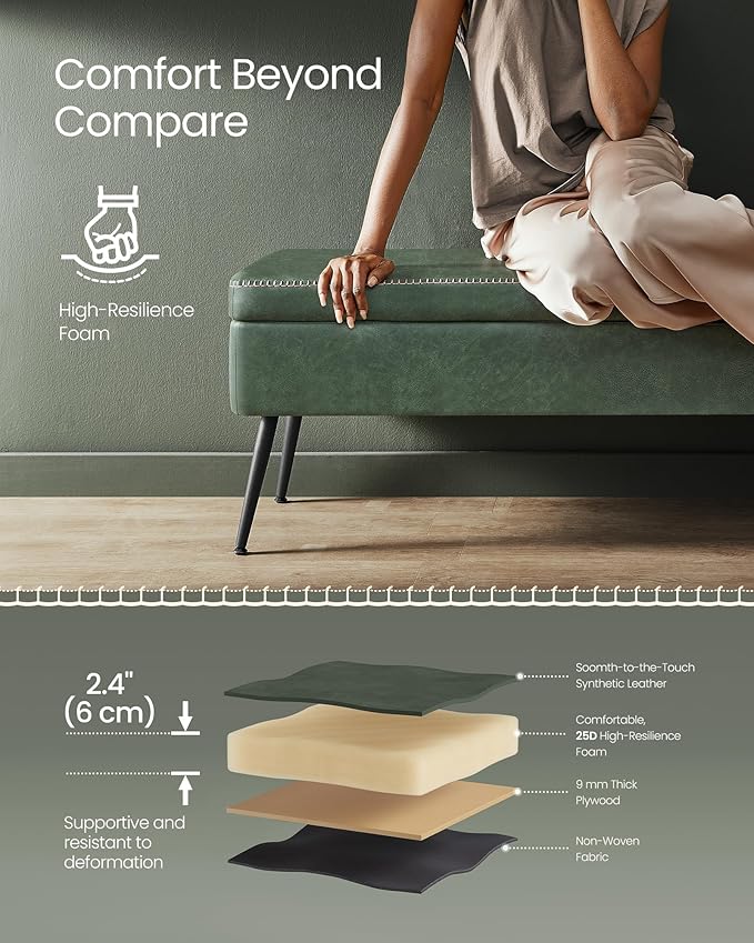 VASAGLE EKHO Collection - Storage Ottoman Bench, Entryway Bedroom Bench, 15 Gallons, Synthetic Leather with Stitching, Mid-Century Modern, Safety Hinges, Loads 660 lb, Forest Green ULOM074C01