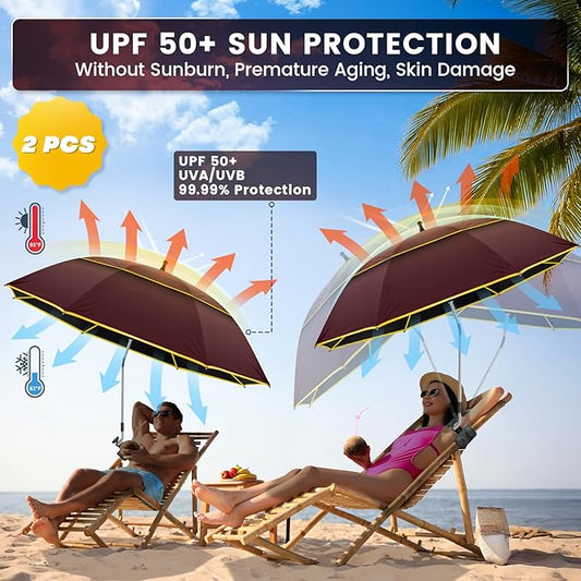 Chair Umbrella with Clamp,2PACK 53 inches Double Canopy Beach Chair Umbrella with Universal Clamp,50+ UV Protection,360° Swivel,Folding Clip on Sun Umbrellas for Table,Camping,Bench Chairs,Golf Cart