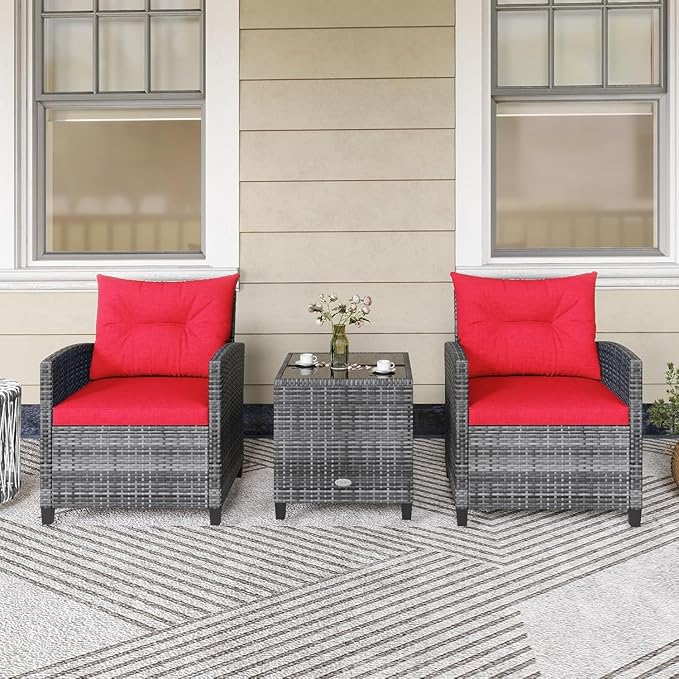 LDAILY Patio Furniture Set, 3 Pieces PE Rattan Wicker Patio Sofa Chairs with Washable Cushion & Glass Table, Outdoor Furniture Conversation Sets for Porch, Balcony, Garden, Poolside (Red)