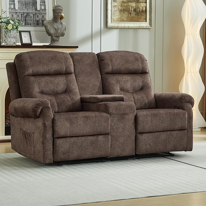 DRMBOOK RV Loveseat Recliner Sofa with Console, Velvet Fabric Double Wall Hugger Reclining Couch Manual Home Movie Seating 2 Person Recliner Chair with Cup Holders/Storage/Pocket/Lumbar Pillow, Brown
