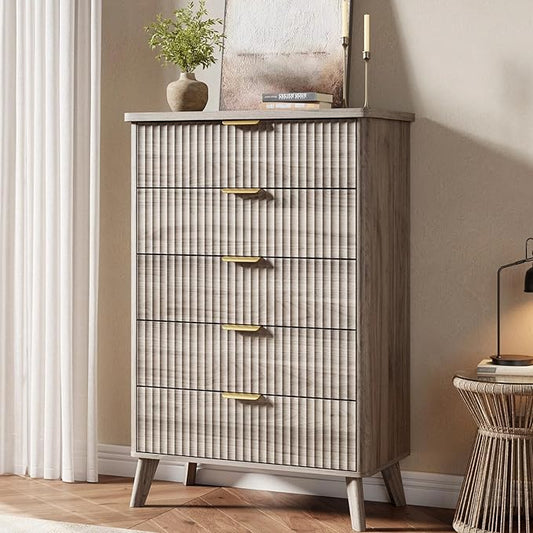 Garvee 5 Drawers Dresser for Bedroom, 47.2" Tall Dressers with Curved Profile Design, Fluted Wood Drawers with Gold Handle, Modern Chest of Dressers with Thickened Design for Living Room, Grey