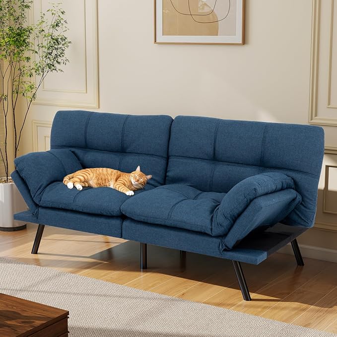 Opoiar Futon Sofa Bed Convertible Memory Foam Blue Couch Bed Futon Sets Folding Modern Sleeper Sofa Gray Loveseat for Studio,Drom,Apartment,Game Room and Small Space