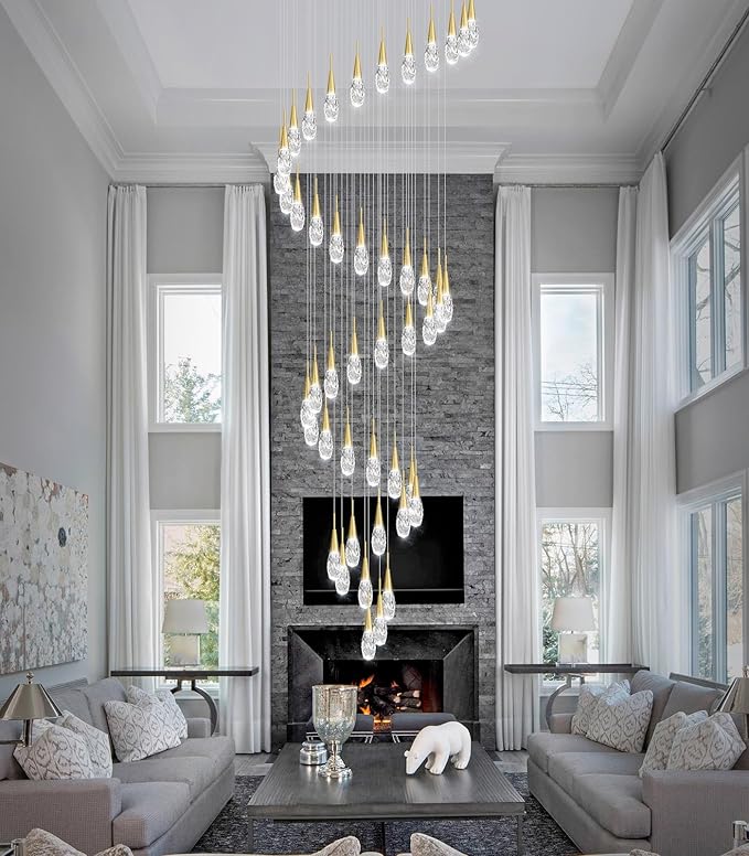 46-Lights 19 Feet Large Modern Chandelier LED Light Fixtures High Ceiling Long Light Chandelier for Entrance Foyer Dimmable Lights with Remote Living Room Ceiling Pendant Lighting Shine Gold
