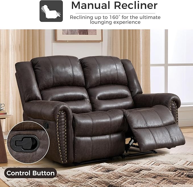 EBELLO Faux Leather Manual Loveseat Recliner, 2 Seat Reclining Sofa Chair with Soft Padded Seat Backrest, Vintage Rivet Mid-Century Design for Living Room, Bedroom, Dark Brown