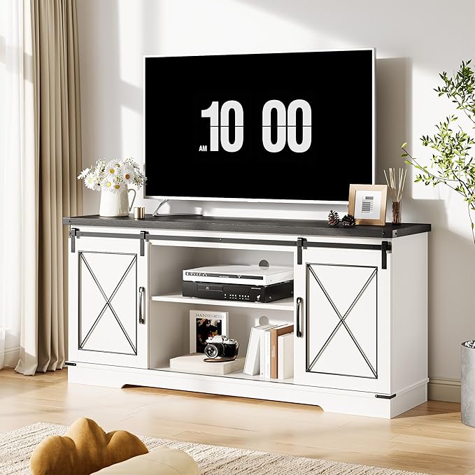 GarveeHome Farmhouse TV Stand for TV up to 65 in and Entertainment Center with Sliding Barn Doors and Adjustable Shelf, Tv Media Console Table with Storage Cabinet for Living Room, Bedroom, White