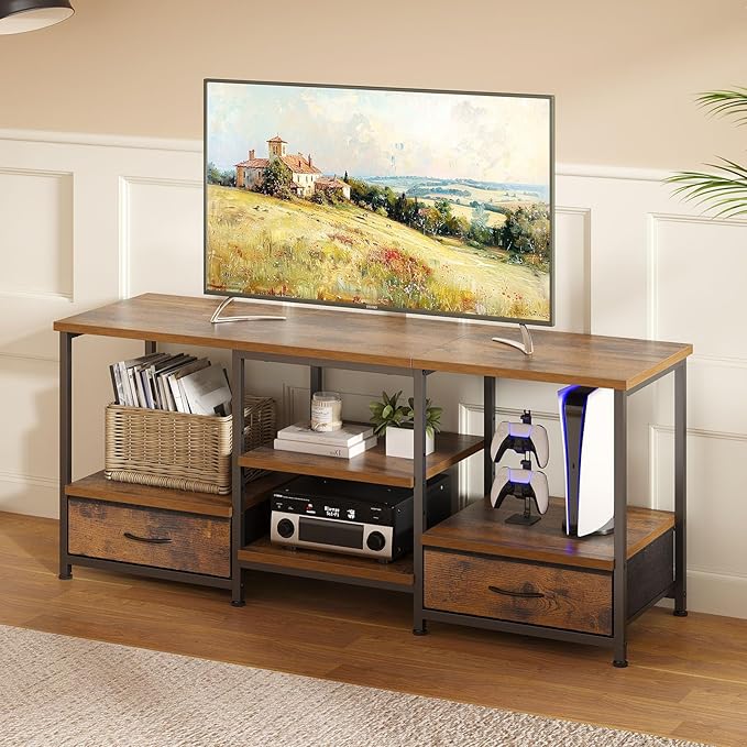 Sweetcrispy Entertainment Center with Stoage Wood TV Stand with Drawers for 65 Inch+ TVS, Television Stands for Living Room Media Console with Charging Station Drawers Shelf Sturdy Frame, 47'' Rustic
