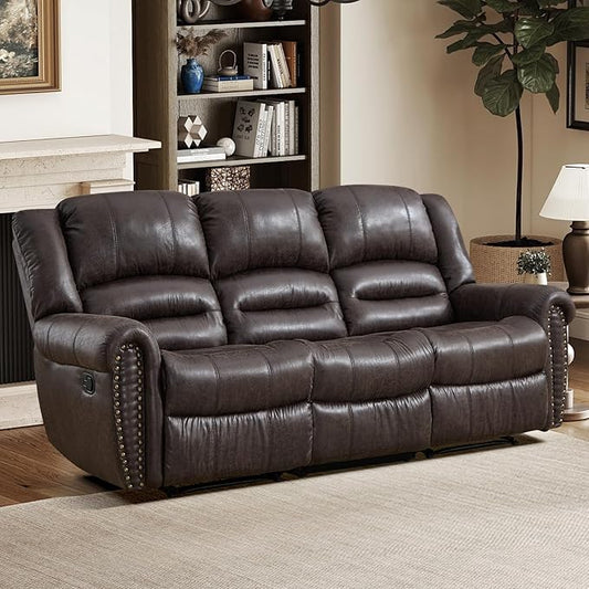 EBELLO Faux Leather Manual Reclining Sofa, 3 Seat Reclner Sofa with Soft Padded Seat Backrest, Vintage Rivet Mid-Century Design for Living Room, Bedroom, Meeting Room, Dark Brown