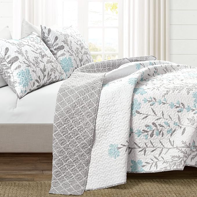 Lush Decor Aprile Reversible Floral Quilt King Size 3 Piece Set King, Blue & Gray - Bedding Set - Floral Quilt - Cottage Bedroom Décor