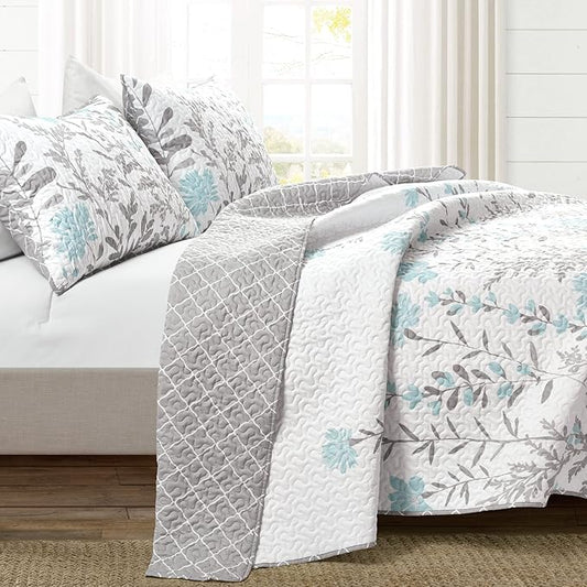 Lush Decor Aprile Reversible Floral Quilt King Size 3 Piece Set King, Blue & Gray - Bedding Set - Floral Quilt - Cottage Bedroom Décor
