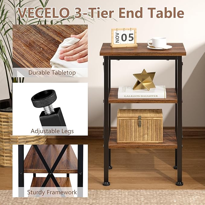 VECELO End Table, Nightstand, 24" Tall Living Room Side Tables, X-Design Reinforced Bedside Table, Nightstands with 3-Tier Storage Shelves for Small Spaces, Office, Bathroom, Bedroom, Retro Brown