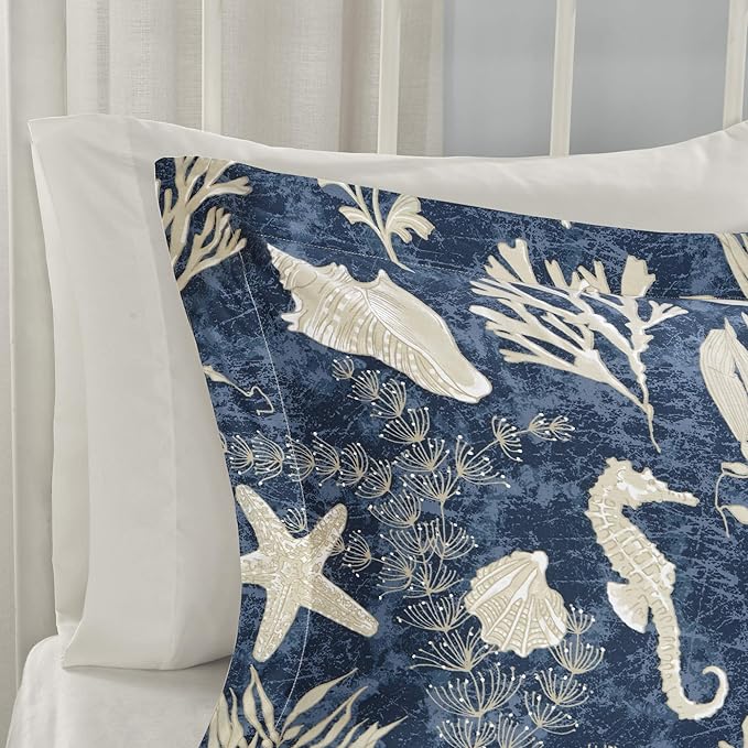 Madison Park 100% Cotton Comforter Set-Coastal Coral, Starfish Design All Season Down Alternative Cozy Bedding with Matching Shams, California King (104 in x 92 in), Blue 7 Piece