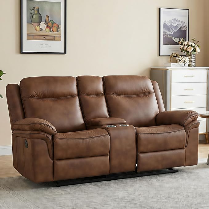 Faux Leather Rocking Loveseat Recliner with Console, Dual Reclining Sofa with Storage, 2 Cup Holders, USB Charging Ports & Power Outlets for Living Room, Meeting Room