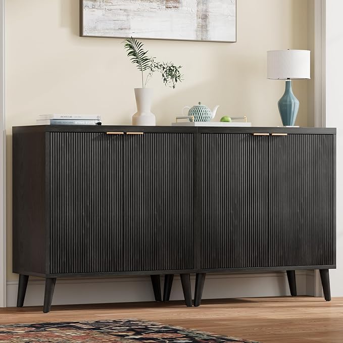 Buffet Cabinet with Storage, Modern Fluted Accent Sideboard with Doors & Adjustable Shelves, Buffet Table Entryway Cabinets for Living Room, Kitchen, Dining Room, Hallway, Black