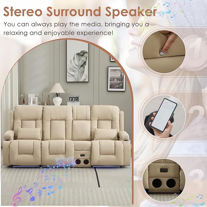 TUNYI Wall Hugger Loveseat Recliner Sofa with Console, Power Reclining Loveseat RV Couch with Massage & Heat/USB/Outlet/Storage/LED Light/Speaker (Beige, 3 Seat with Console)