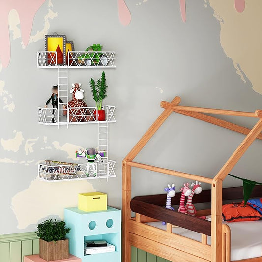 LUDOUR Fire Escape Wall Shelf - 3 Tier Fire Escape Ladder Wall Shelf 16.5 Inch Long, New York Metal Decorative Shelf for Action Figure Display, White Floating Wall Shelves for Bedroom, Home Décor.
