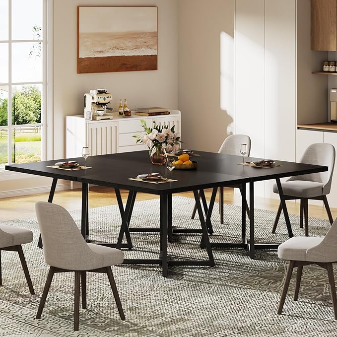Tribesigns Square Dining Table, 31.5" Industrial Dinner Table with Metal Base, Kitchen Table for Dining Room, Small Space, Apartment, Black (6pcs)