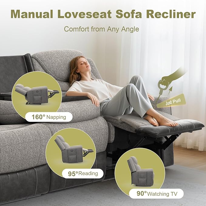 Dresegmt Home Theater Seating, Manual Recliner Sectional Sofa for Living Room, 5 Seater Reclining Sectional Couch with Flip-Up Backrest, Storage Console, USB Ports, Grey Linen & Chocolate Leather