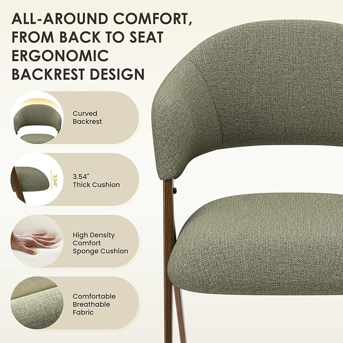COLAMY Dining Chairs Set of 2, Modern Fabric Upholstered Dining Room Kitchen Side Chairs with Iron Legs, Open Back and Padded Seat, for Living Room/Restaurant/Cafe, Green