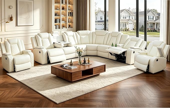 Power Reclining Sectional Sofa Set with LED, Living Room Furniture Sets, Leather Recliner Couch for Living Room/Home Theater, Sectional Couch and Chair with 4 Recliners, USB Port/Hide-Away Storage