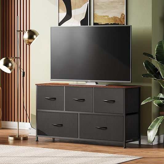 WLIVE Dresser for Bedroom with 5 Drawers, Wide Chest of Drawers, Fabric Dresser, Storage Organizer Unit with Fabric Bins for Closet, Living Room, Hallway, Black and Rustic Brown