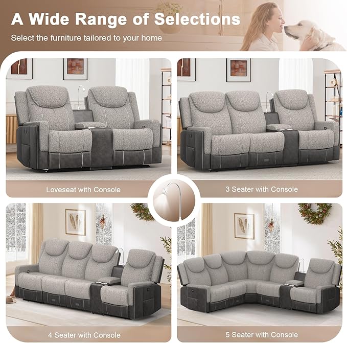 Dresegmt Loveseat Recliner Sofa, Manual Reclining Loveseat with Reading Light, Chic Blend Style Sofa, Storage Console, Cup Holders, USB Ports, Fabric & PU Leather, Recliner Couch for Living Room/RV