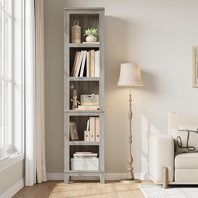 GarveeHome Narrow Bookcase 5 Tier Farmhouse Bookshelf Wooden Bookshelves Rustic Vintage Etagere Oak for Home Office, Living Room, Bed Room, Gray