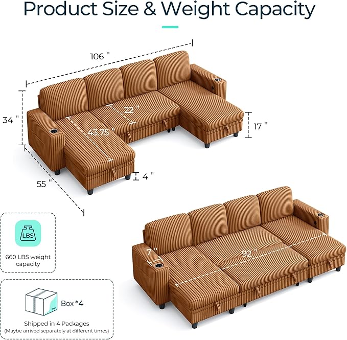 LINSY HOME Sectional Sleeper Sofa Pull Out Couches for Living Room (Brown, Sleeper Sofa 3) | Pull Out Sofa Bed, Storage, USB Charging, Cup Holders, Plush Corduroy | Pull Out Sofa Bed, Storage, USB Charging, Cup Holders, Plush Corduroy